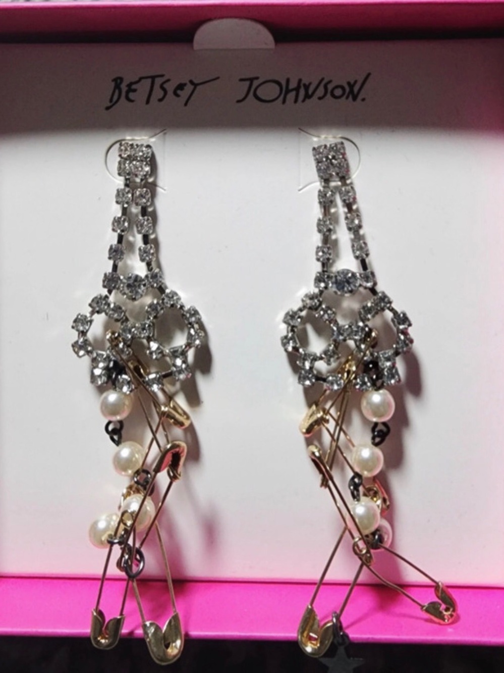 BETSEY JOHNSON Punk Goth Grunge Crystal & Pearl Safety Pin Drop Earrings NEW NWT